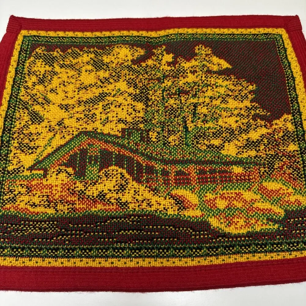 2 Vtg Cross Stitch Placemat Red Yellow Green House Trees Bushes Decor